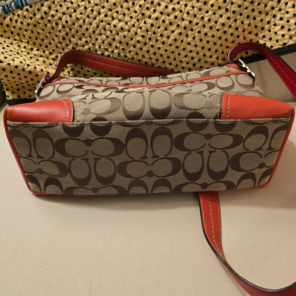 Coach Hampton Signature Flap Orange Leather Trim and Tan Crossbody Bag - Picture 3 of 9